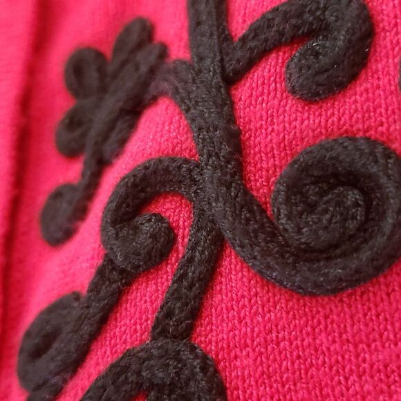 Vintage 80's Cardigan Sweater Black Soutache Red Faceted Buttons - Picture 10 of 14